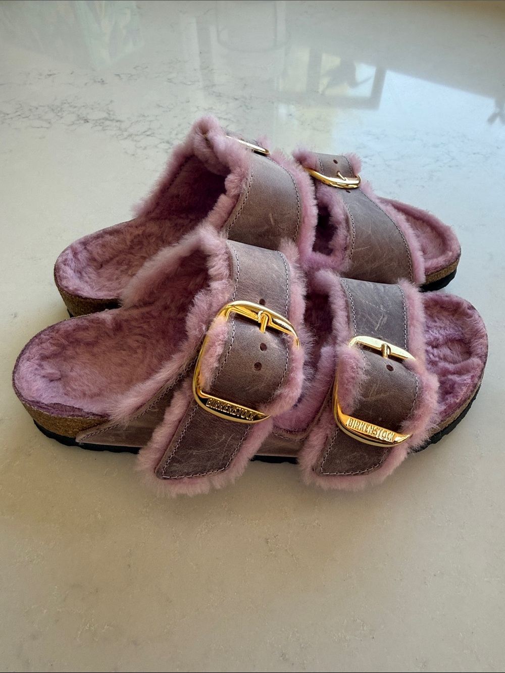 Birkenstock Arizona Big Buckle Purple Shearling Double-Buckle Slide Sandals